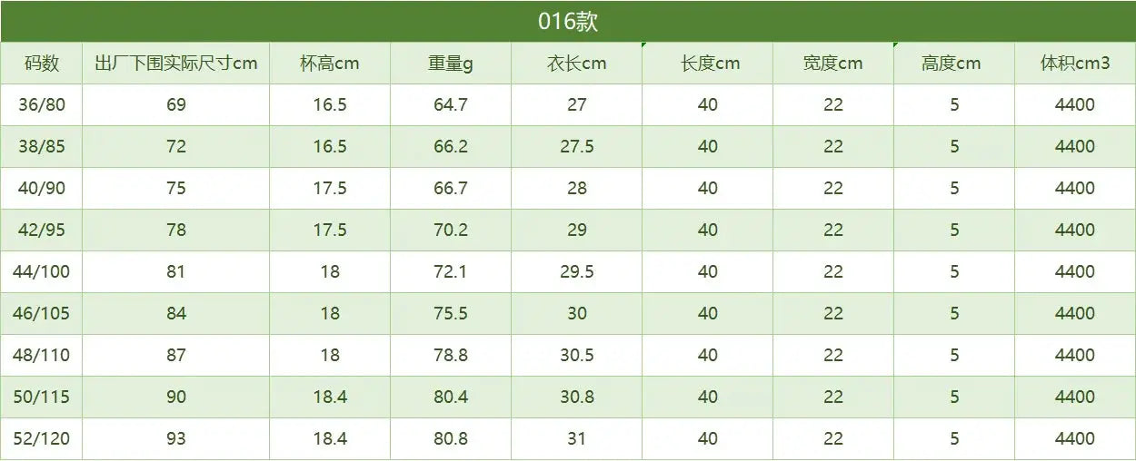 Simples Market size chart for soft cotton front-buckle vest bra, no underwire, 016款, XL and other sizes.