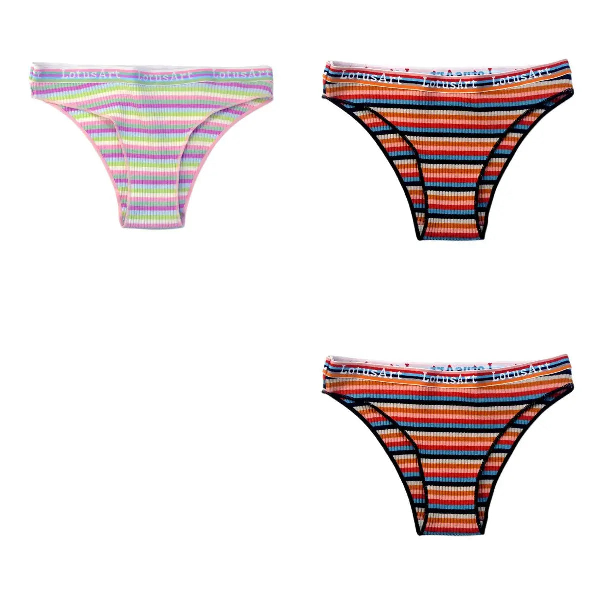 3-pack cotton women's panties with colorful striped prints; low-rise briefs with LotusArt waistband.