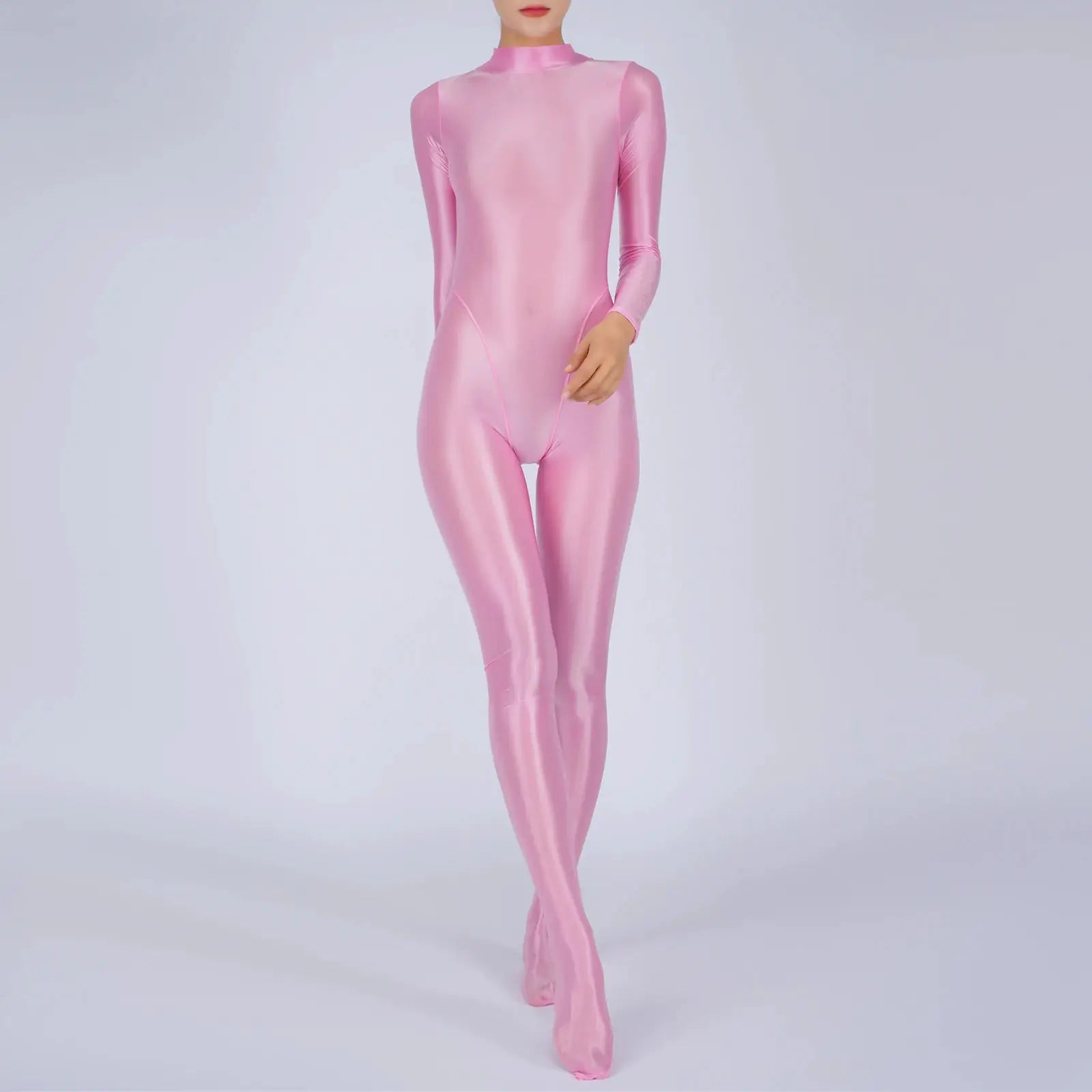 Pink metallic women's full-body jumpsuit with long sleeves and footed, one-piece design