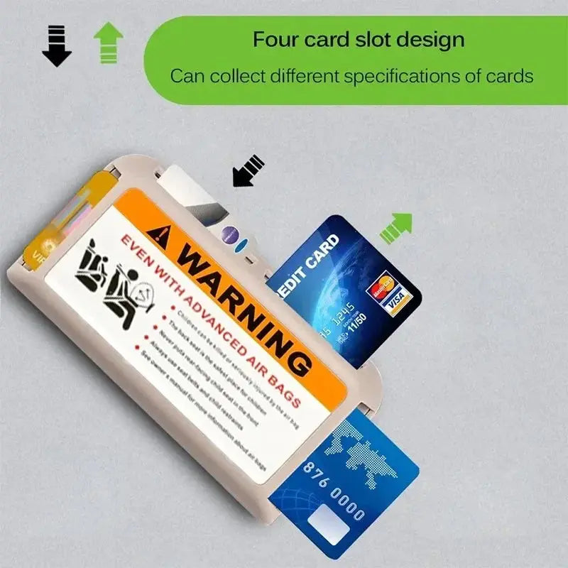 Car visor card clip organizer by Simples Market; beige plastic four-card-slot holder for car interior.