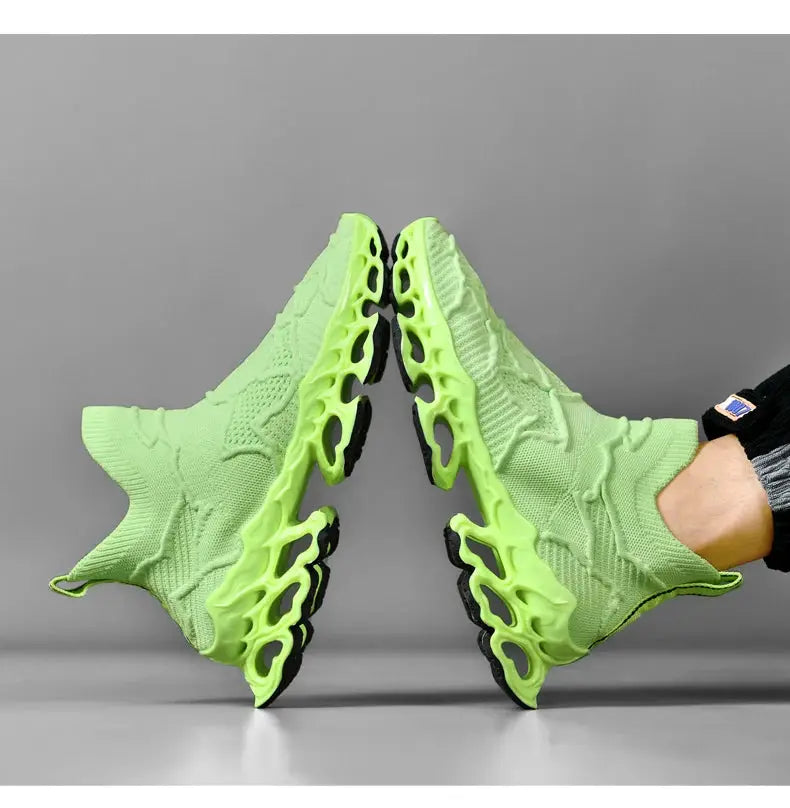 Pair of neon green breathable men's running sneakers by Simples Market with knit upper and hollow-out outsole