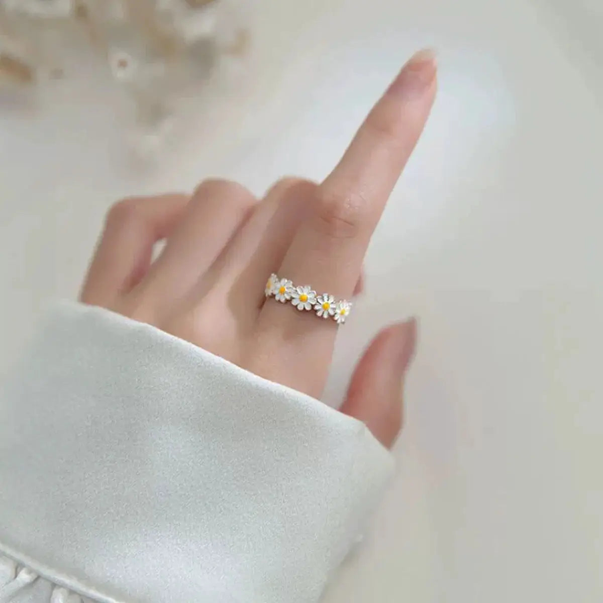 Enamel Daisy Flower Open Ring For Women Korean Inspired Style Trendy Jewelry Wedding Gift