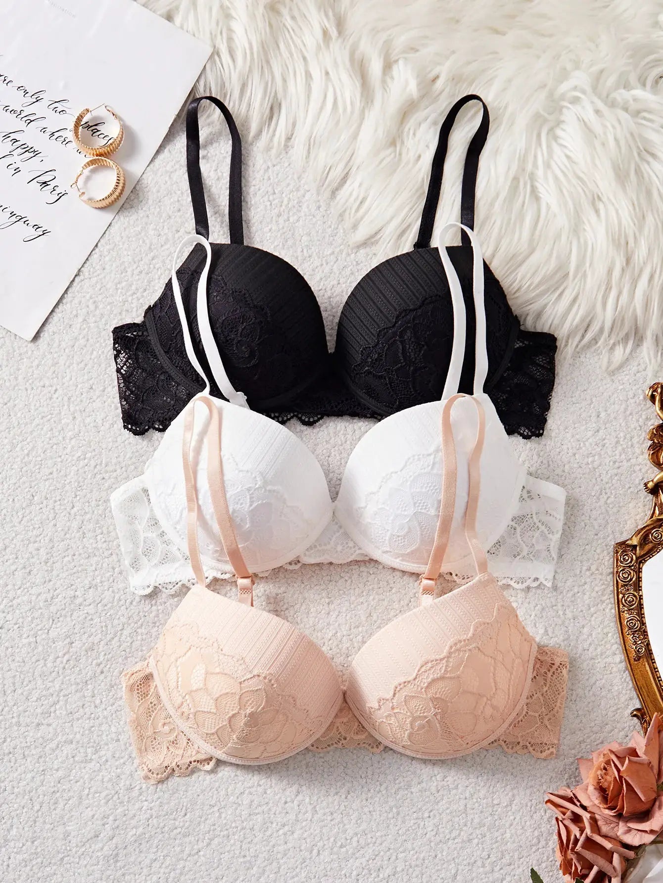 3-pack Simples Market women's lace underwire push-up bra set in black, white and nude with floral lace cups