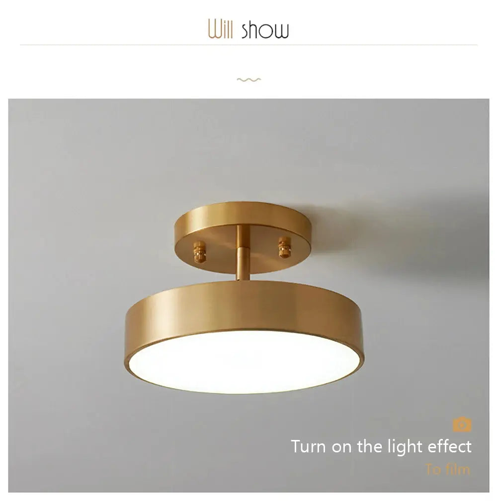 Modern copper LED ceiling light with round gold finish for bedroom or living room
