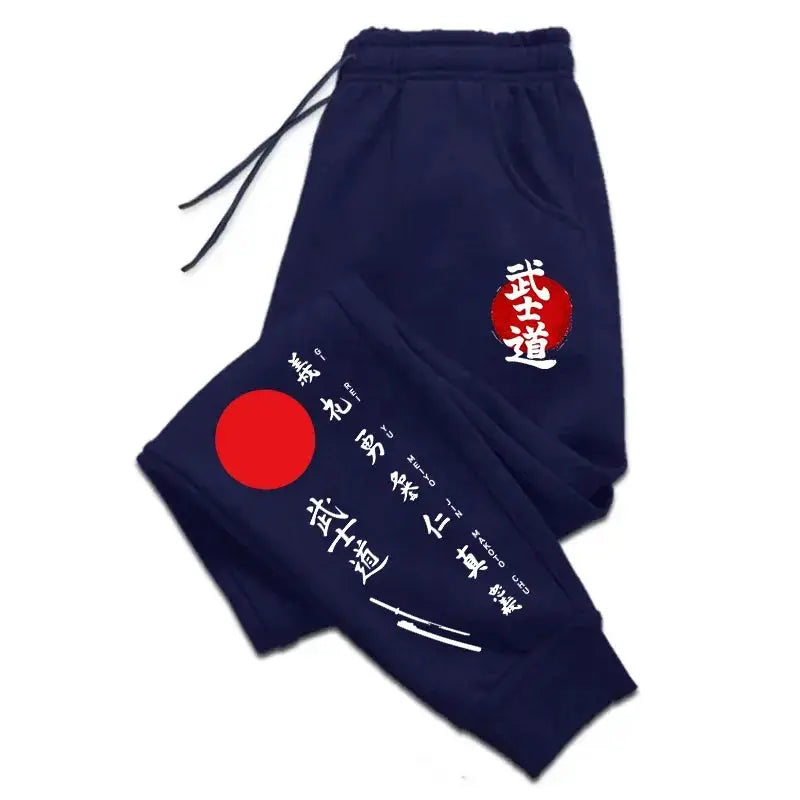 Bushido printed men's sweatpants in navy with white kanji design and red sun emblem by Simples Market
