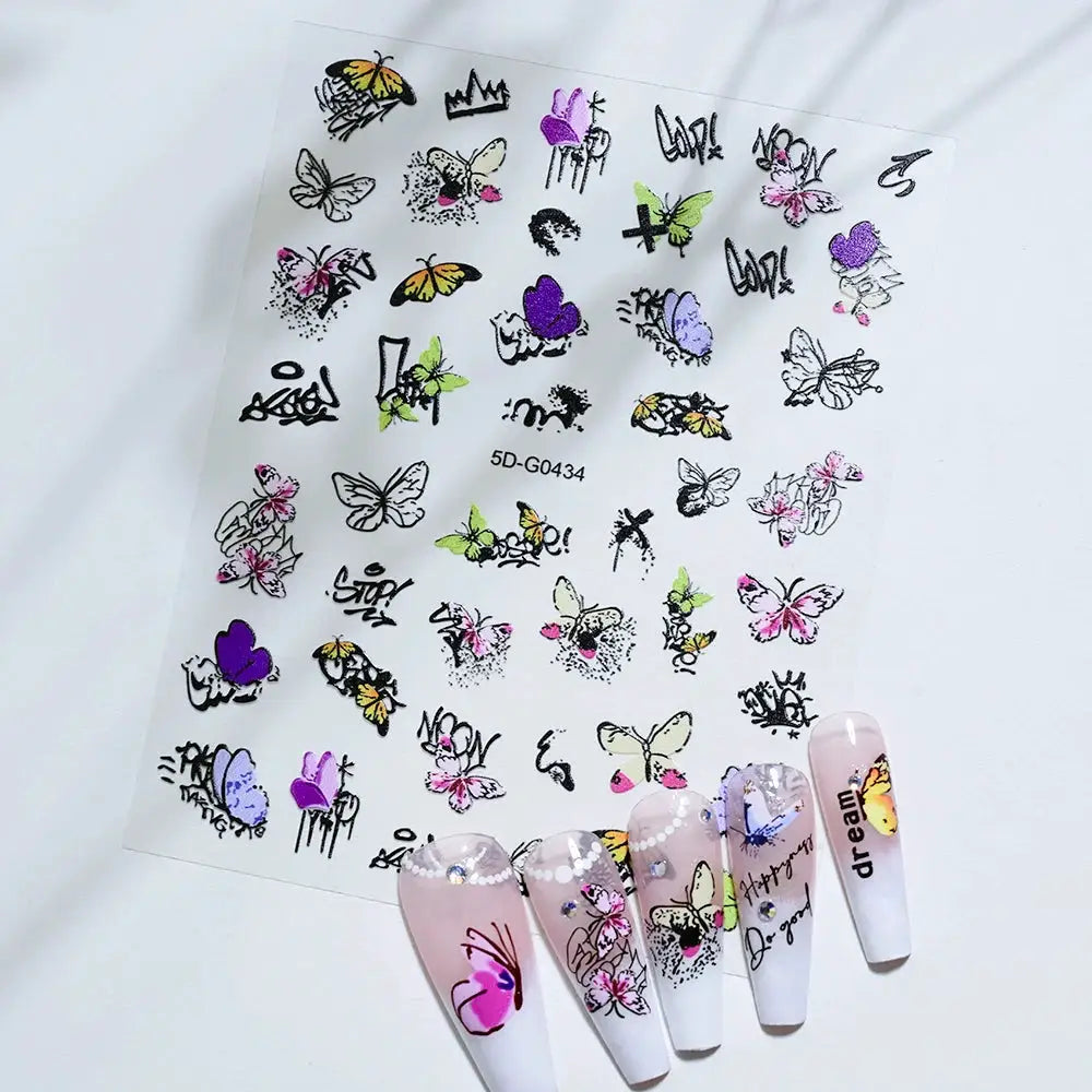 5D Macaron nail charms sticker sheet by Simples Market featuring butterfly and flower designs for nails