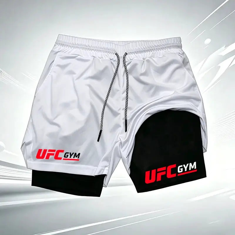 Men's UFC GYM 2-in-1 compression shorts with built-in liner, white outer and black inner layer, UFC GYM logo