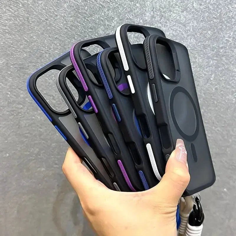 Six MagSafe double-color wrist-strap cases in black with blue/purple/white accents, matte magnetic shockproof covers