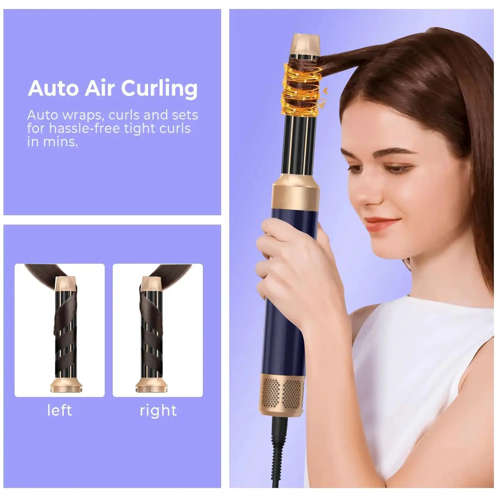 Simples Market 7-in-1 auto air curling hair dryer brush with diffuser; navy body and gold accents