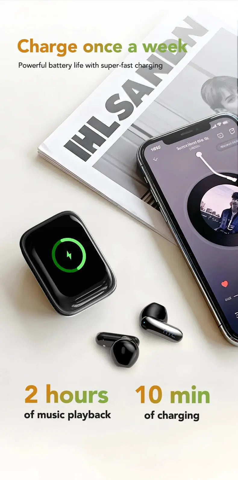 HTC NE48 TWS wireless earbuds with charging case, black, two earbuds shown
