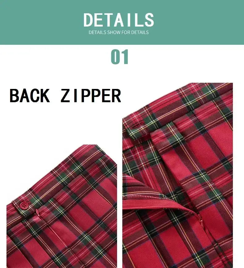 Women's plaid pleated JK skirt with back zipper; red tartan pattern, Simples Market.