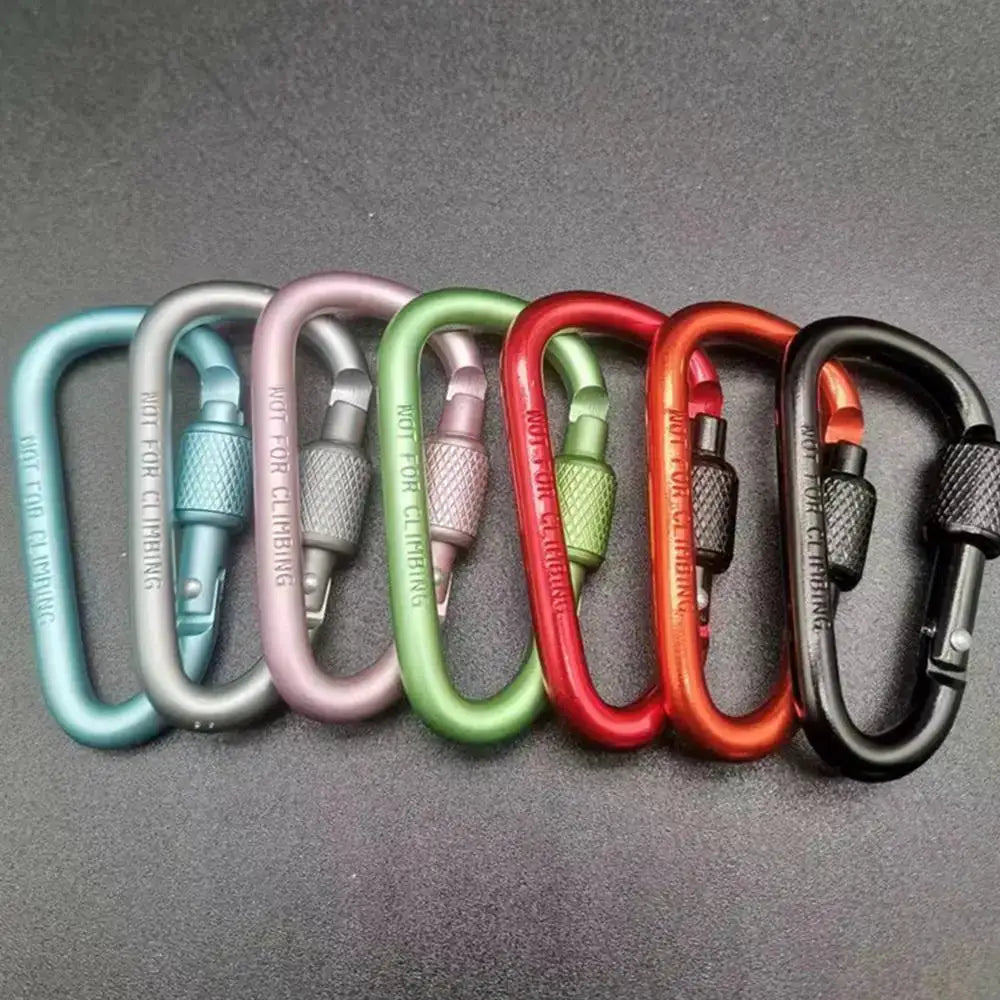 Aluminum alloy carabiner keychain with locking D-shape design; set of 9 colorful pieces