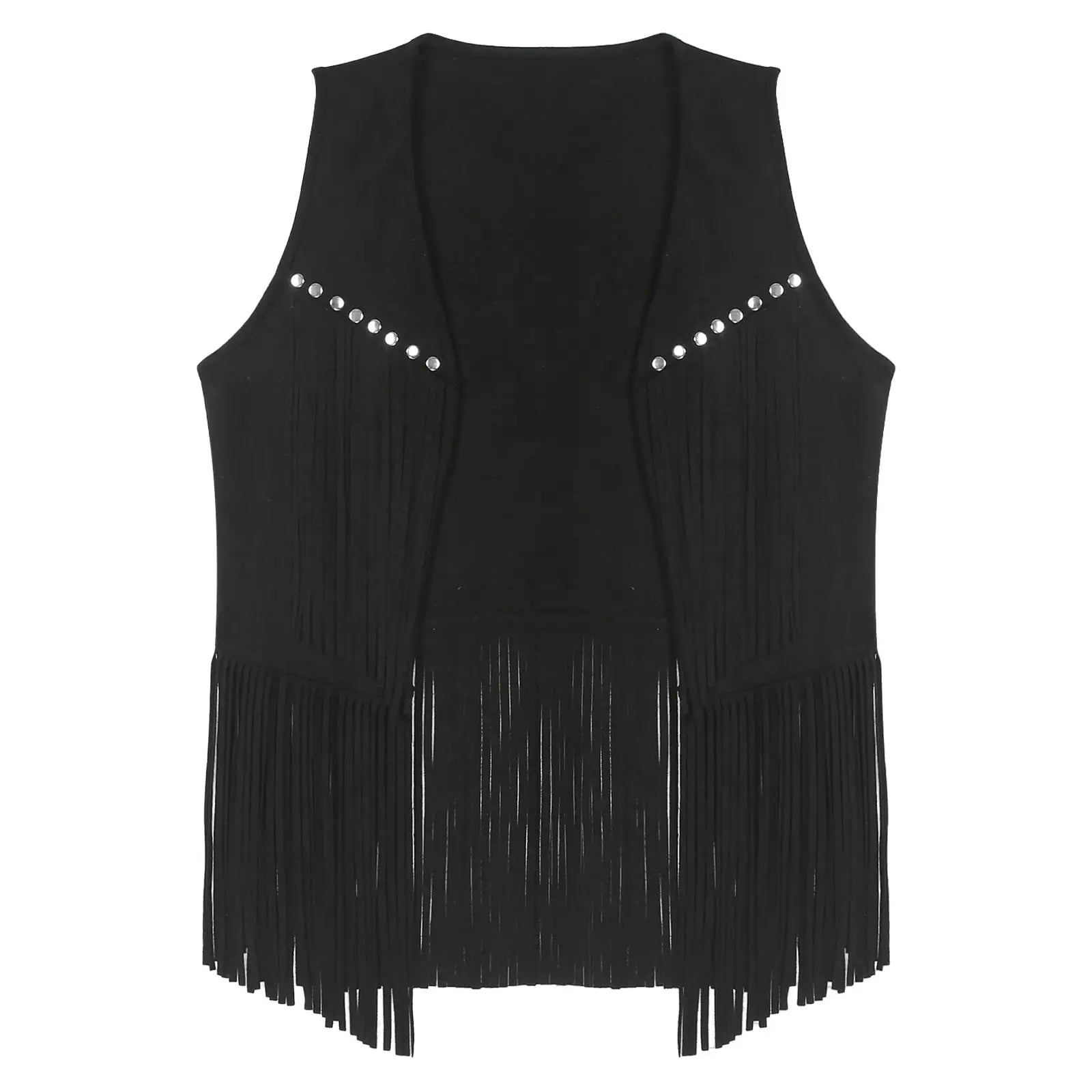 Men's black faux suede fringe vest with rivet accents and open front