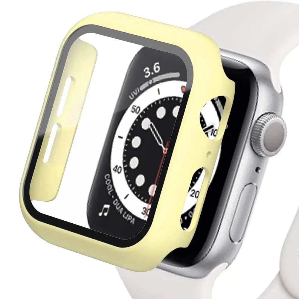 Apple Watch case with tempered glass screen protector, yellow bumper for 40–45mm Series 4–9/SE