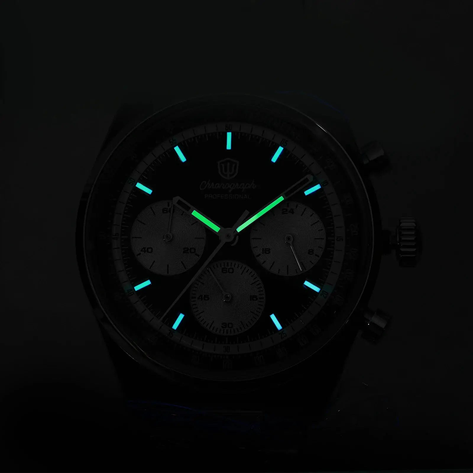 Watchdives WD0526 VK63 chronograph wristwatch; stainless steel case, luminous blue hour markers and green hands.