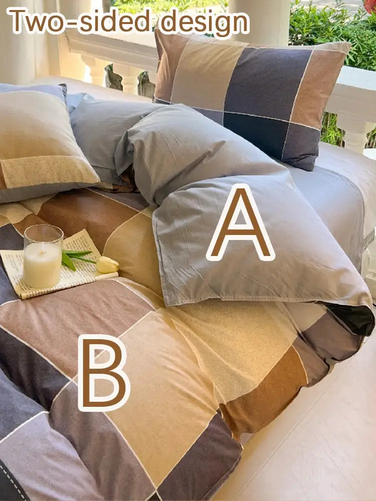 Two-sided patchwork duvet cover set with matching pillowcases in neutral beige, brown and gray tones.