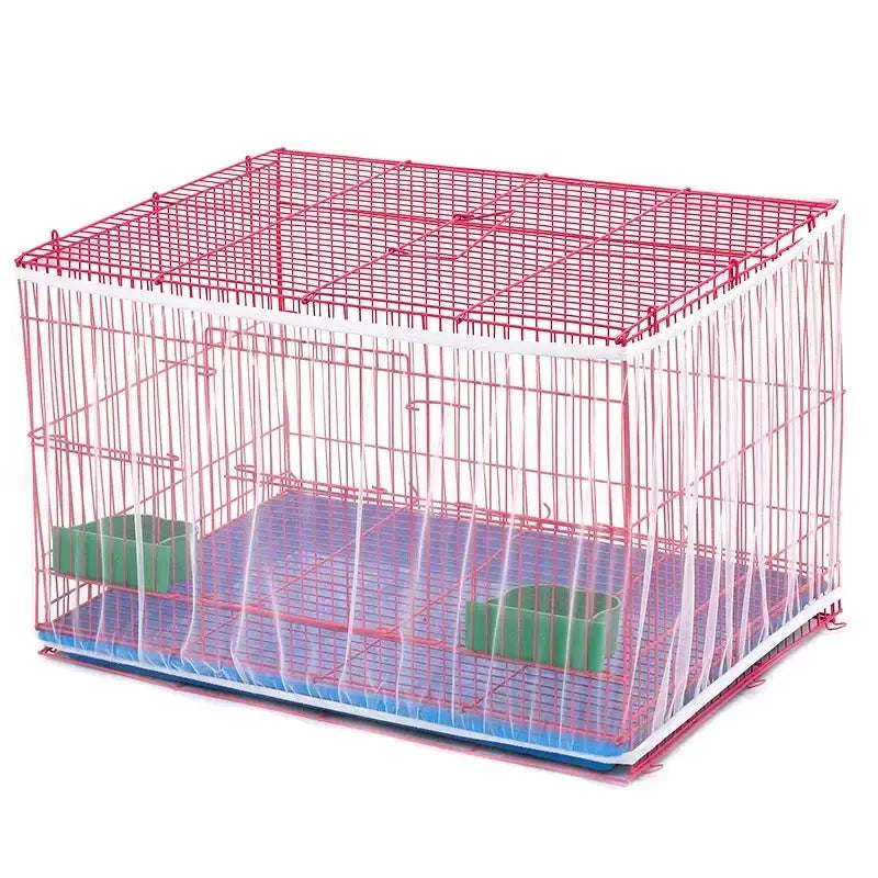 Pink mesh bird cage with blue base tray and two green feeder cups.