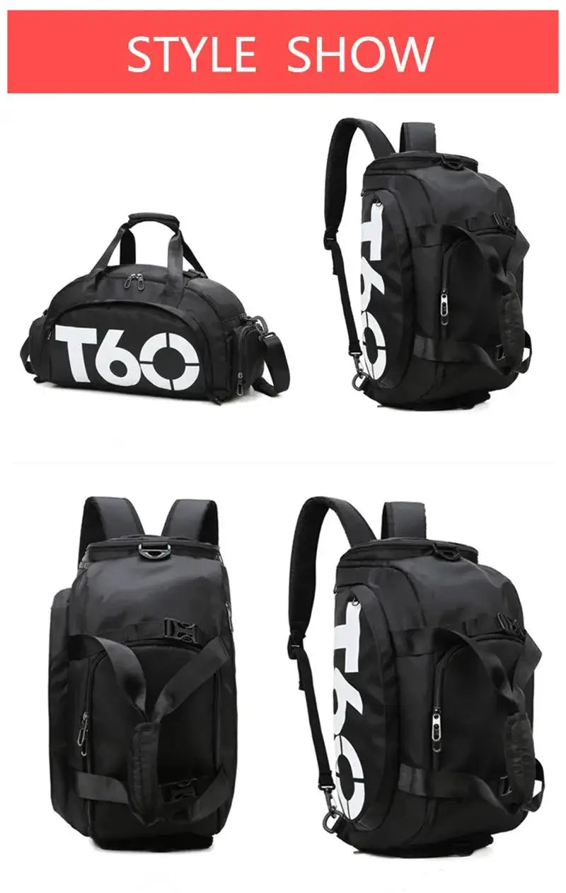 Black waterproof gym bag with backpack straps and large white T60 graphic