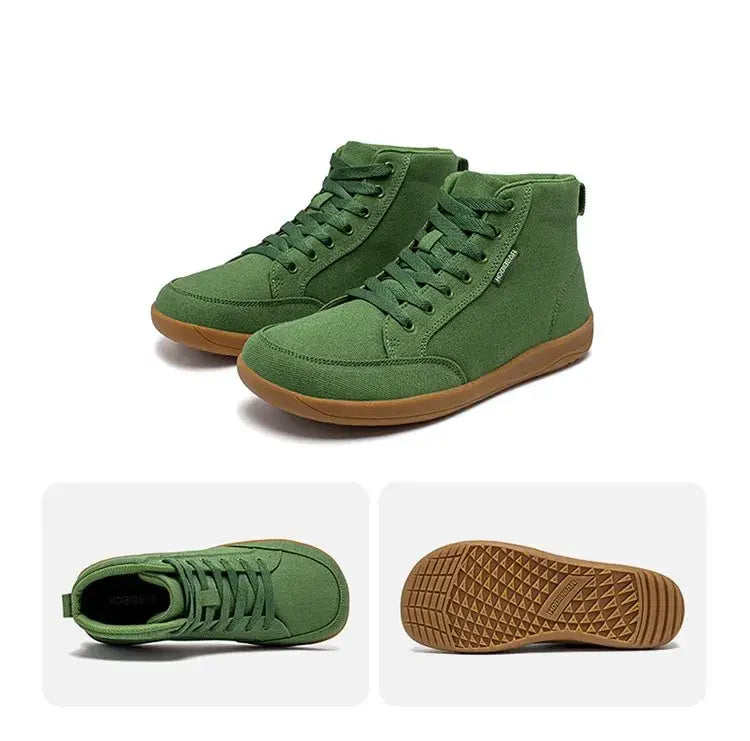 HOBIBEAR green canvas mid-top barefoot sneakers with lace-up gum sole, unisex wide toe box