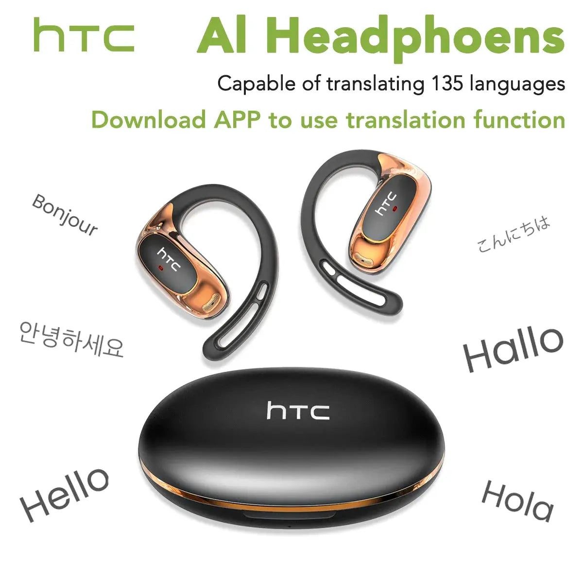 HTC NE35 wireless earphones (pair) with charging case; black with copper accents, Bluetooth V6.0, AI translation