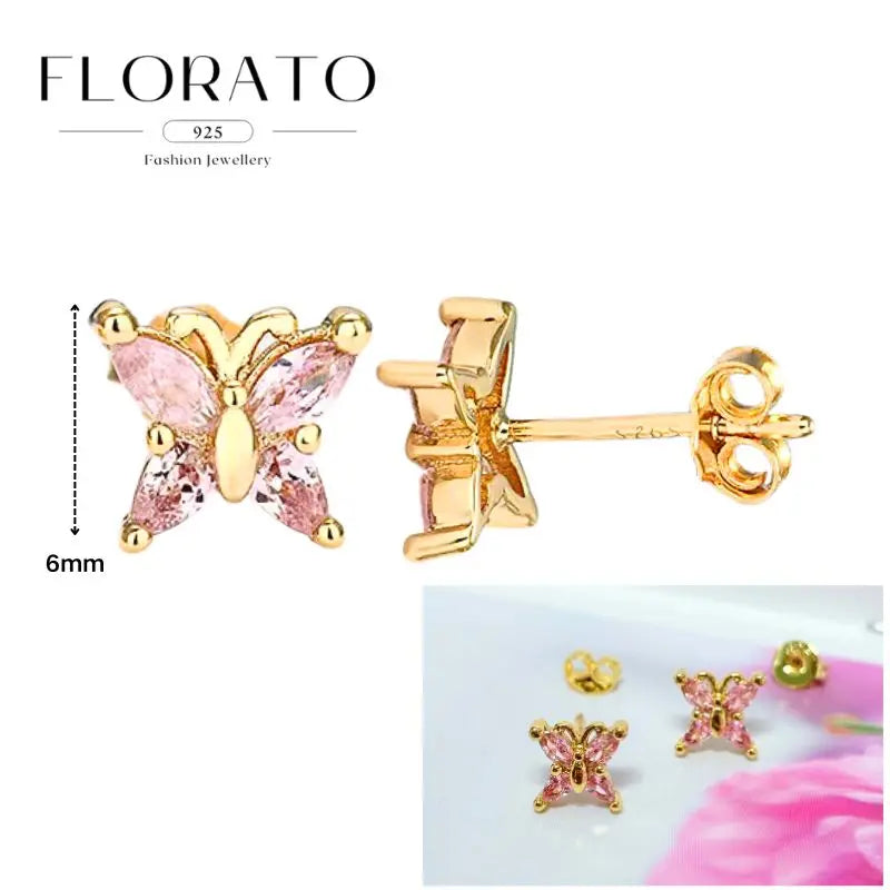Butterfly pink zircon stud earrings in gold-tone 925 sterling silver, 6mm, Florato Fashion Jewellery