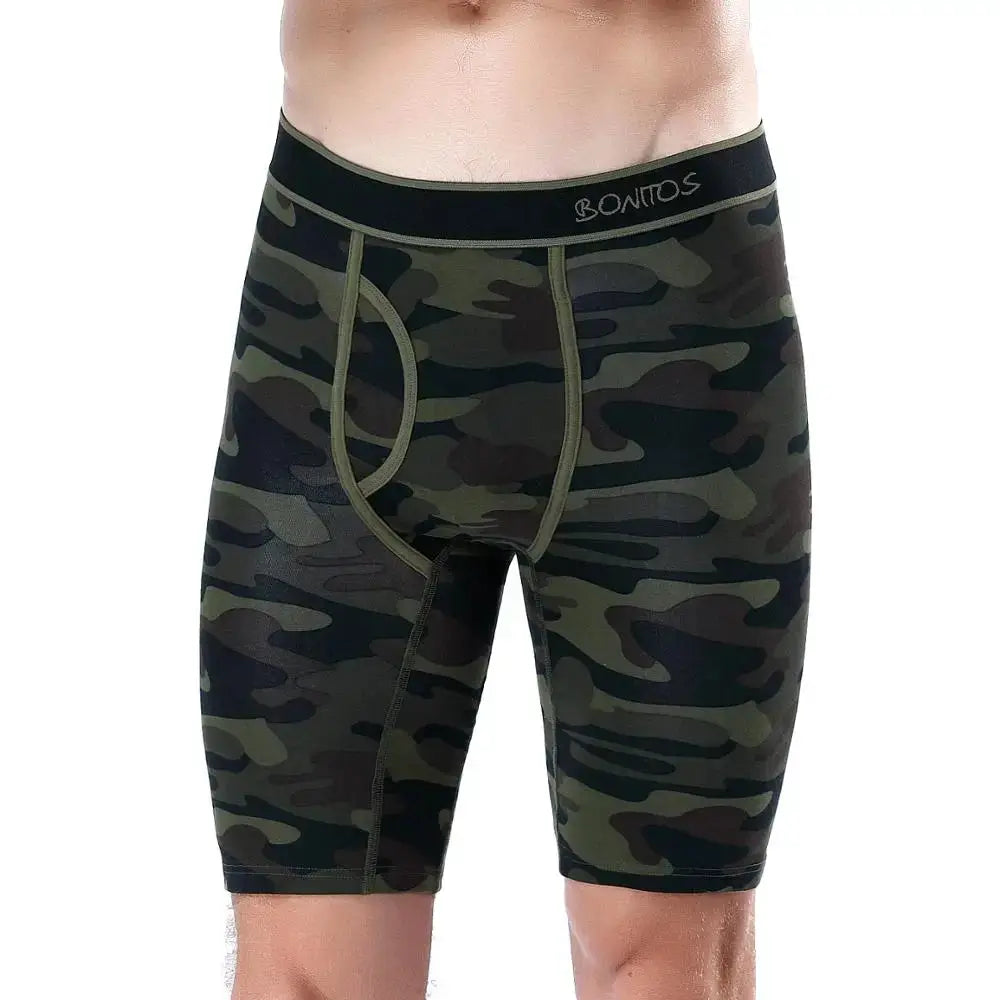 Men's camouflage long-leg boxer shorts with Bonitos waistband; green camo fabric