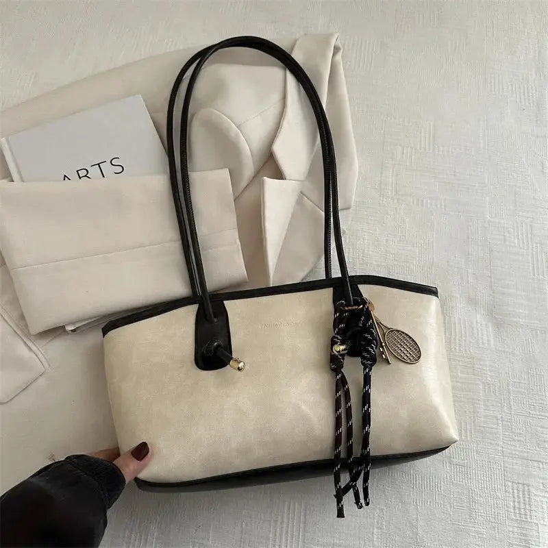 European American Retro Tote Bag by Simples Market, beige with black trim, large-capacity, decorative pendants