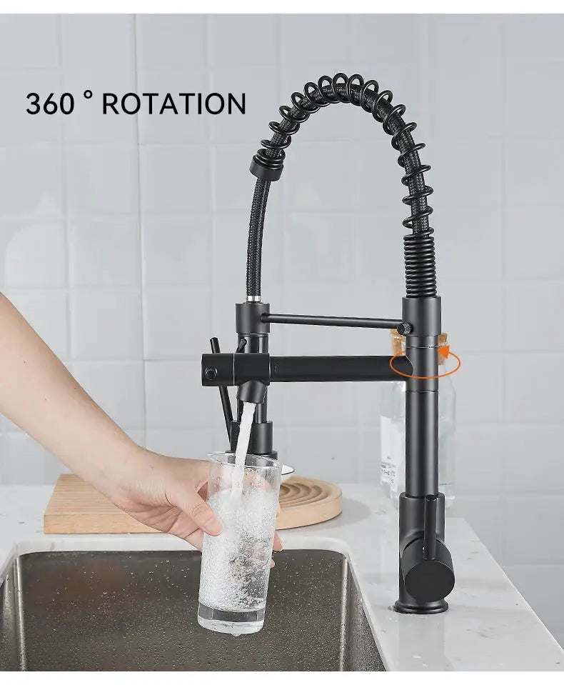 Kitchen faucet by Simples Market with pull-down sprayer, high-arc black finish, single-handle spring neck