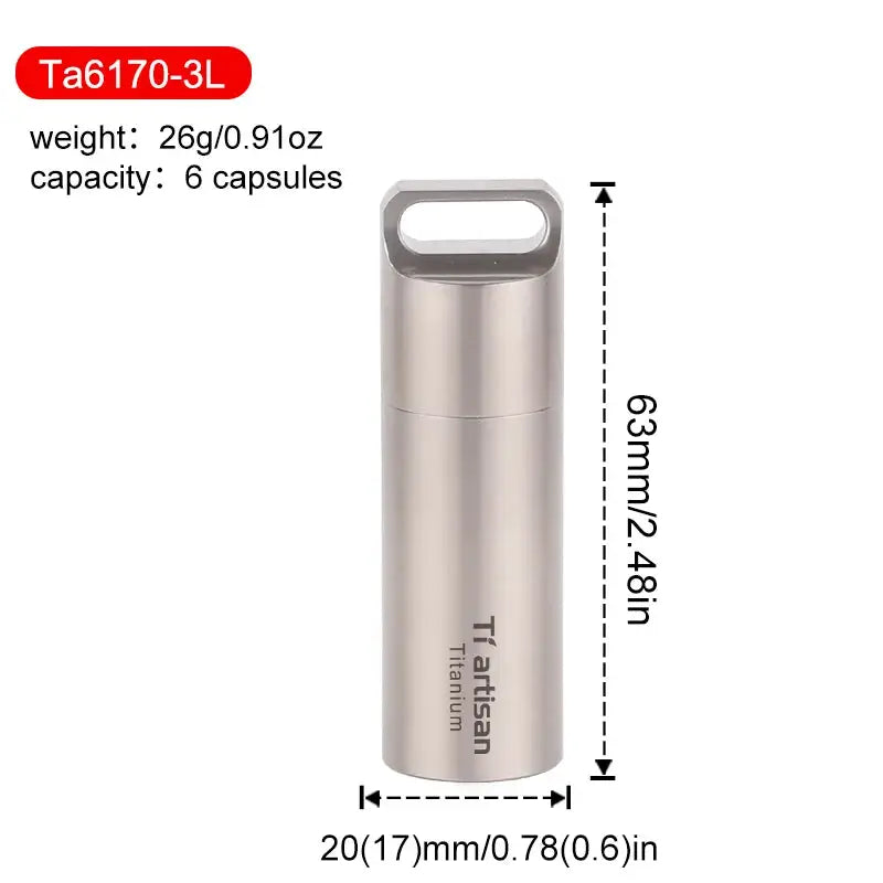Tiartisan titanium mini EDC pill bottle with built-in loop lid, waterproof, 6 capsules capacity