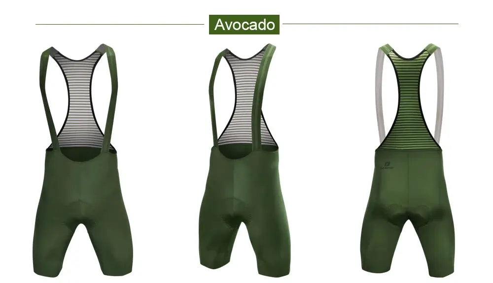 DAREVIE men's cycling bib shorts avocado green with striped mesh bib; front, back and side views (Simples Market)