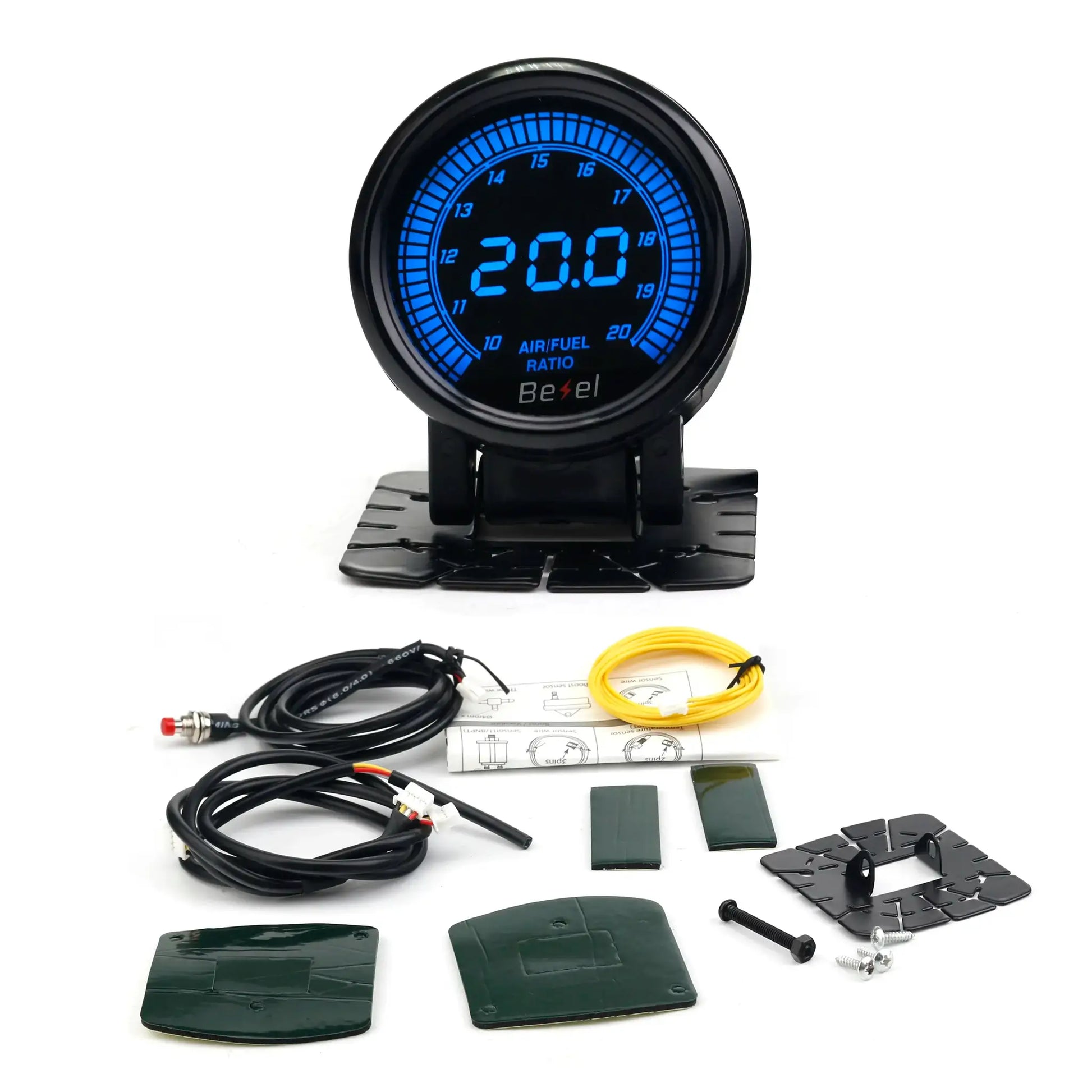 52mm blue-LED automotive air/fuel ratio gauge with Bezel branding, mounting hardware and cables