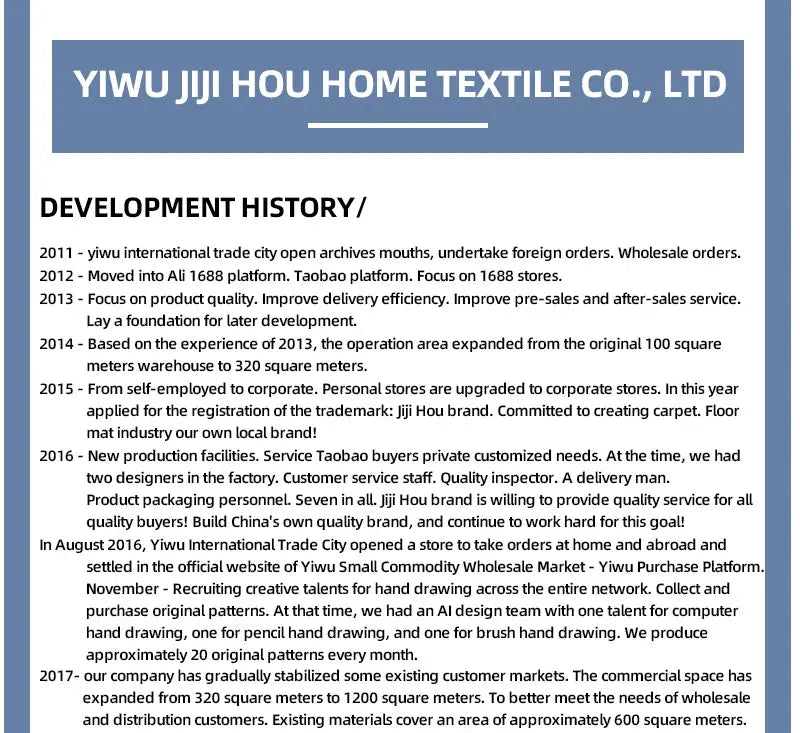 Development history timeline for Yiwu JJI Hou Home Textile Co., Ltd, detailing milestones from 2011 to 2017