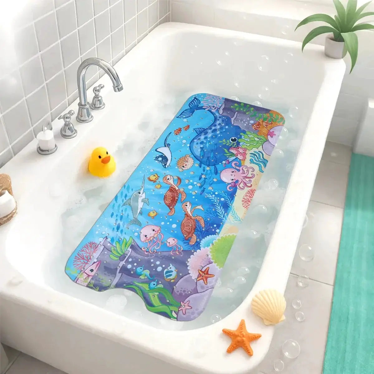 Simples Market cartoon bathtub mat, 40x100cm, blue aquatic design, non-slip with suction cups