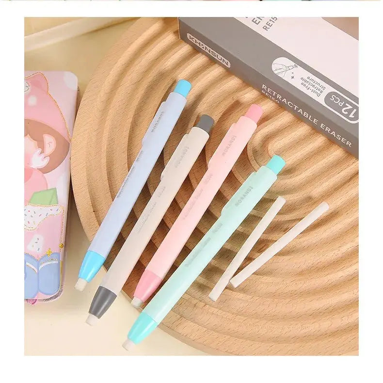 Simples Market press eraser pens, 5 pastel retractable art erasers in blue, gray, pink, mint, and white