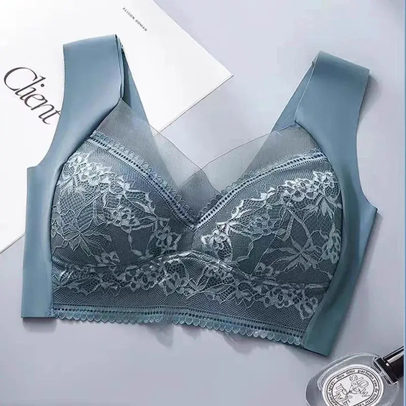 Womens lace bralette in ice silk blue with floral lace detailing, plus size