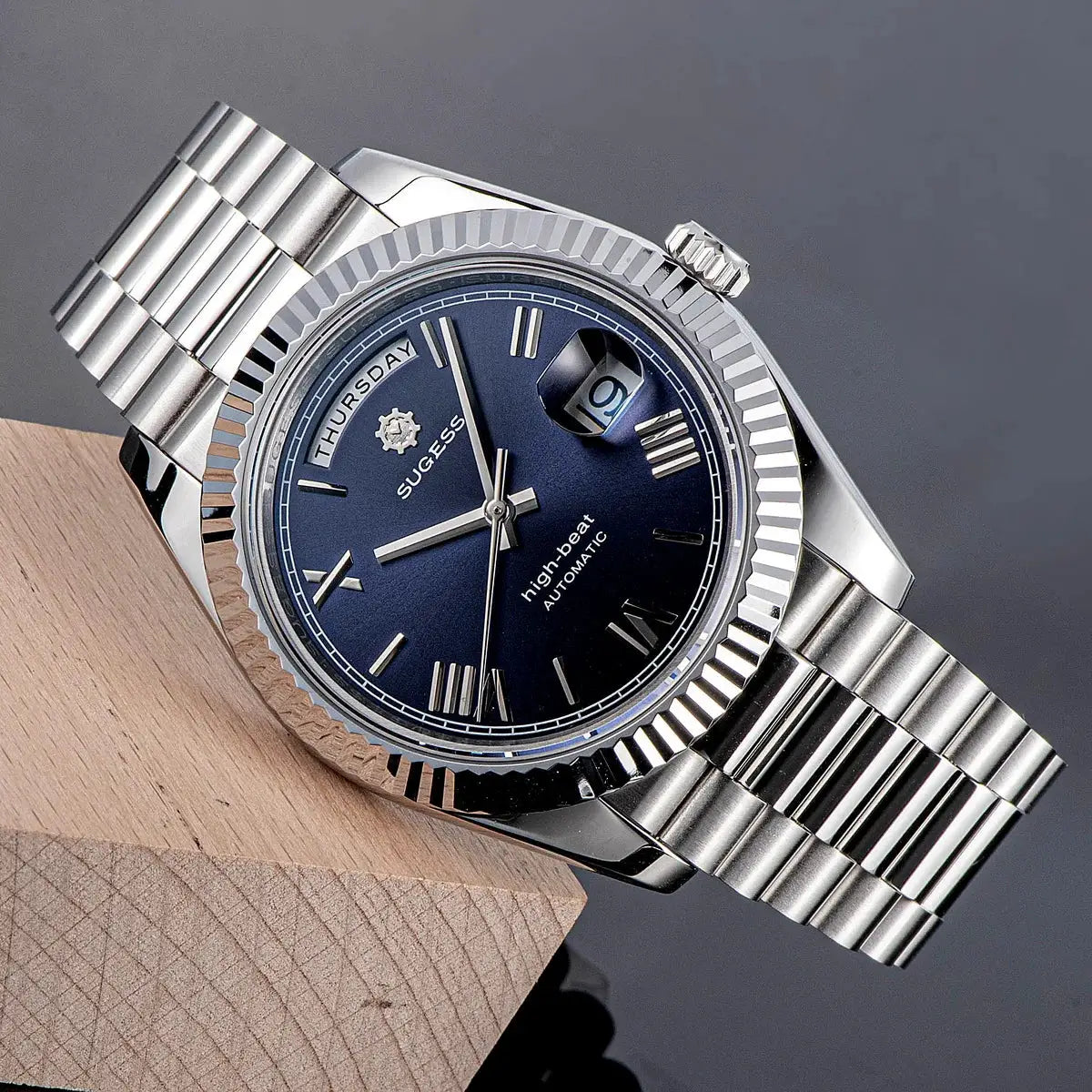 Sugess men's automatic wristwatch with blue dial and stainless steel bracelet