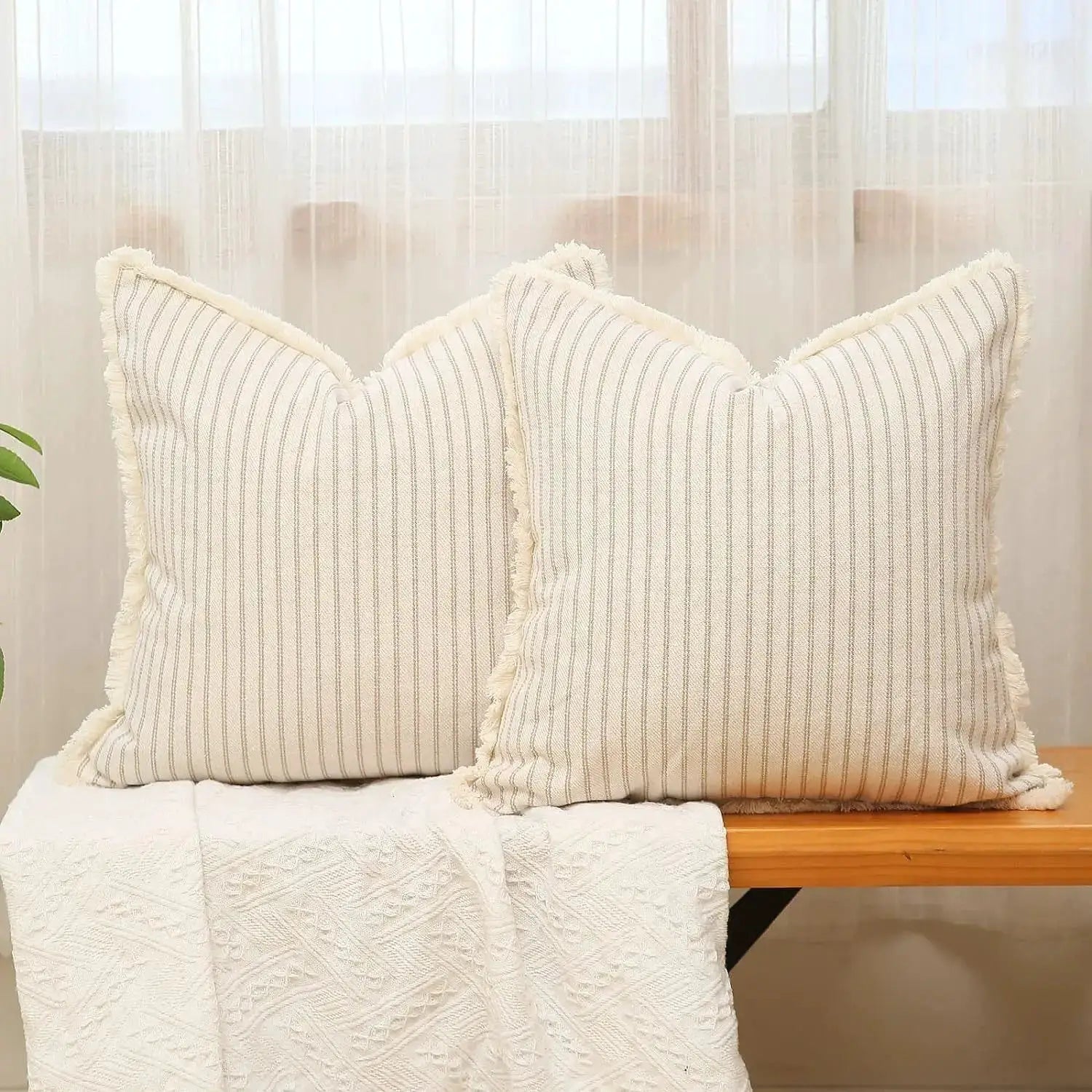 Wool striped cushion covers, square cream with gray stripes and fringed edges, set of two