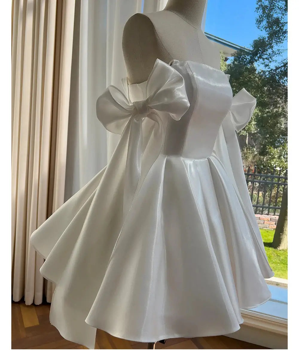 White Satin Bow A Line Knee Length Cocktail Dress Spaghetti Straps