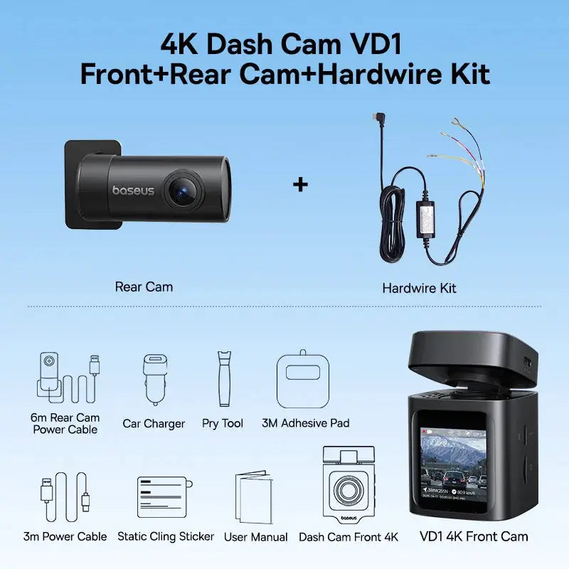 Baseus 4K Dash Cam VD1 Pro front and rear UHD car camera with hardware kit, includes 6m rear power cable
