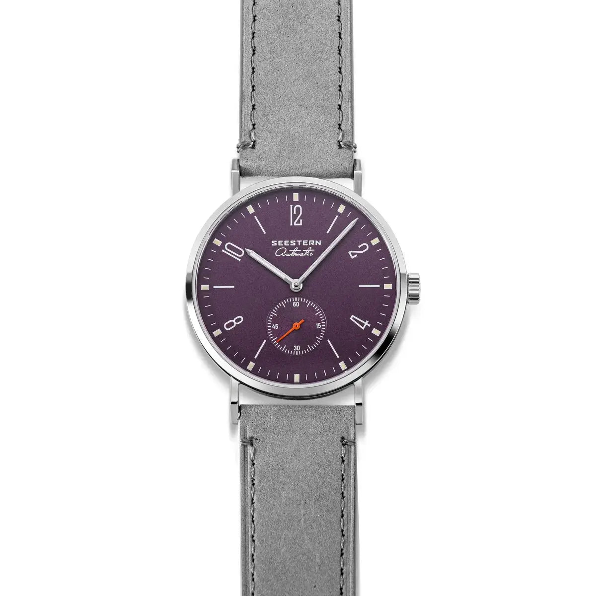 SEESTERN men’s automatic wristwatch with purple dial, silver case, grey leather strap