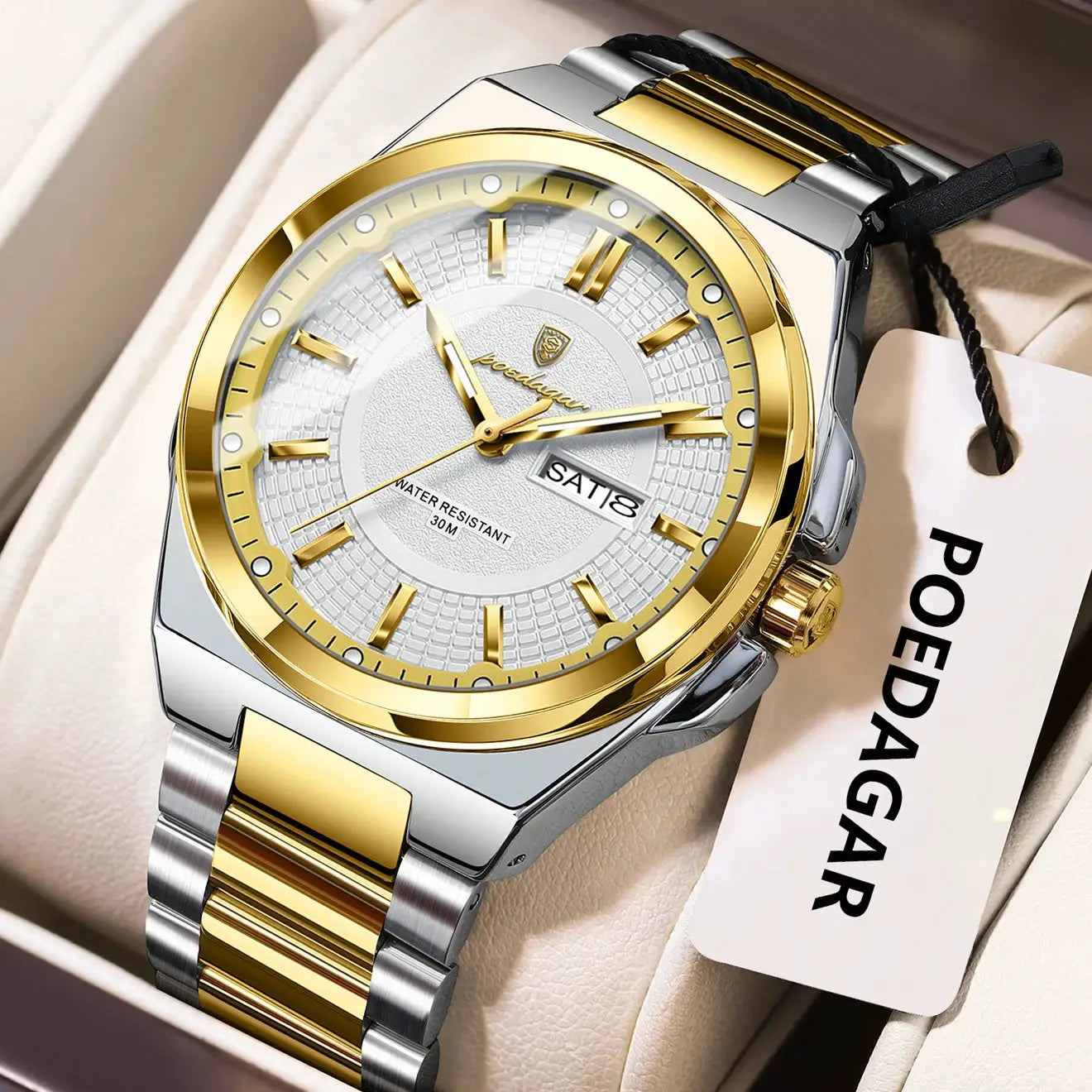 POEDAGAR Sport men's wristwatch in two-tone stainless steel with gold bezel, date window, and luminous dial