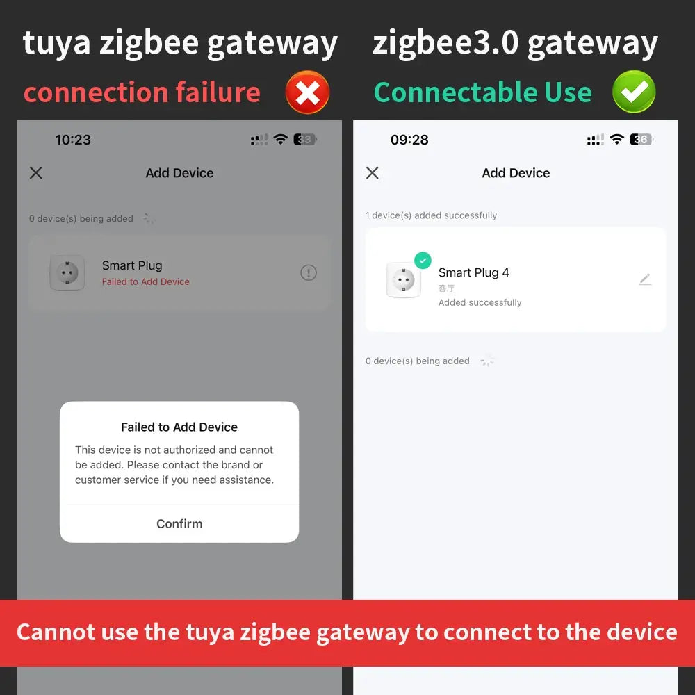 Simples Market TNCE EU Zigbee smart plug UI screenshots; left shows failed to add, right shows added successfully
