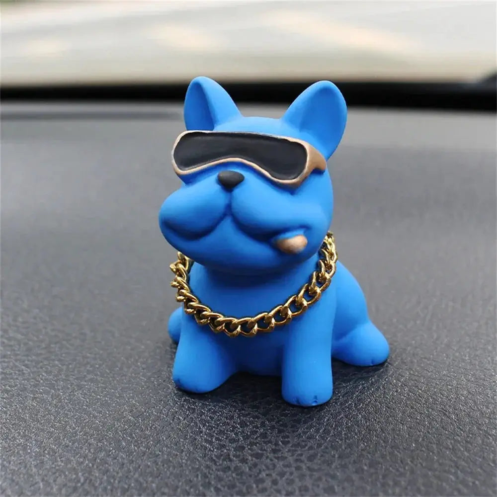 Blue resin bulldog car ornament with sunglasses and gold chain for dashboard decor