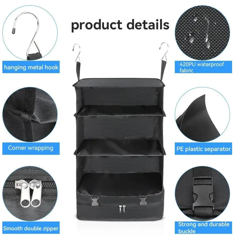 Simples Market 3-in-1 Travel Clothes Storage Hanging Bag, large black hanging garment organizer with four shelves