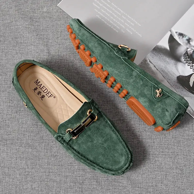 Men's green suede loafers, slip-on driving moccasins with gold buckle and orange sole (set of 2)
