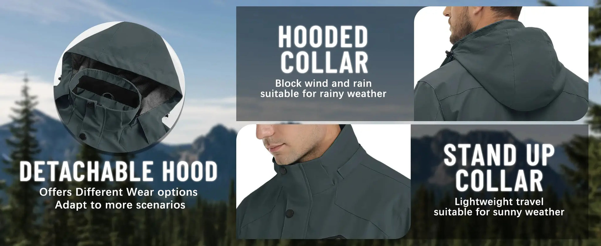 Simples Market TACVASEN men's green lightweight waterproof rain jacket with detachable hood and mesh lining