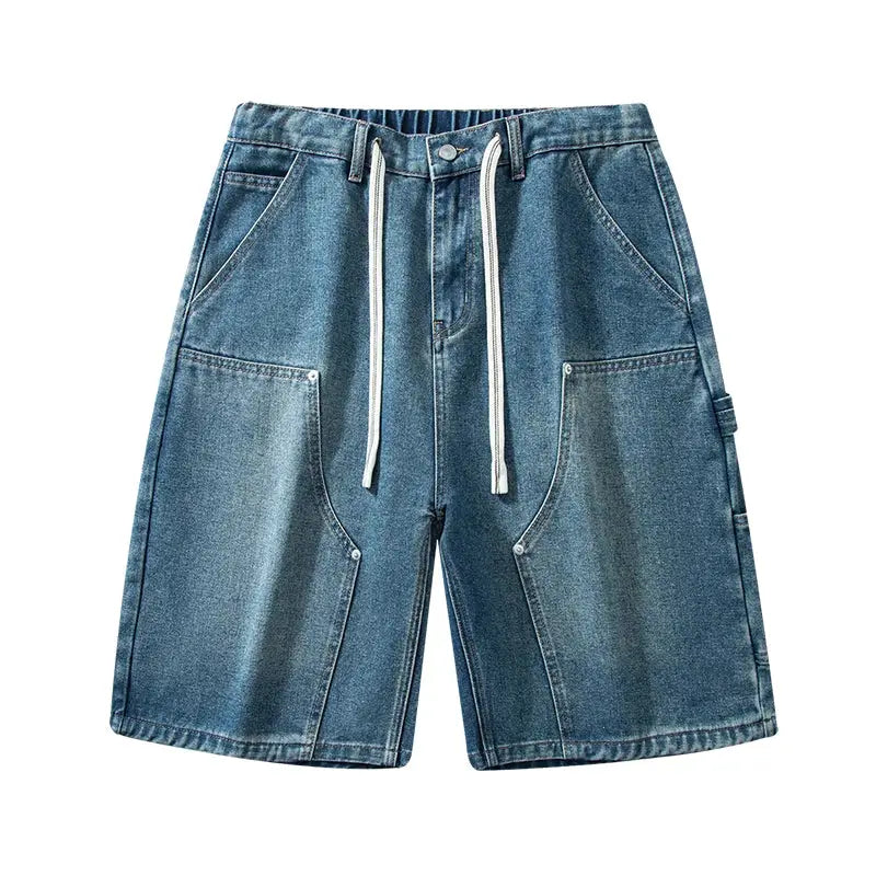 Simples Market men's denim shorts in blue denim with cargo pockets, white drawstrings, and a loose fit