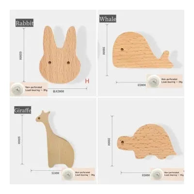 Wooden animal wall hooks set of 4 with natural finish for kids' rooms by Simples Market