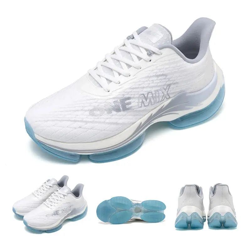 ONEMIX men's running shoes with breathable white mesh and blue air-cushioned sole