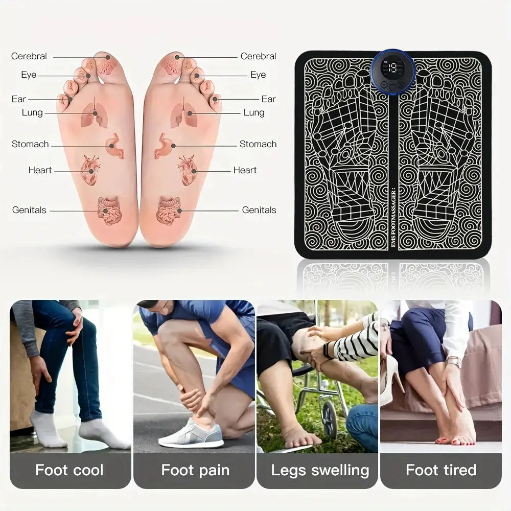 Electric USB foot massage mat by Simples Market with 8 modes and 19 intensity levels, black patterned acupoint design